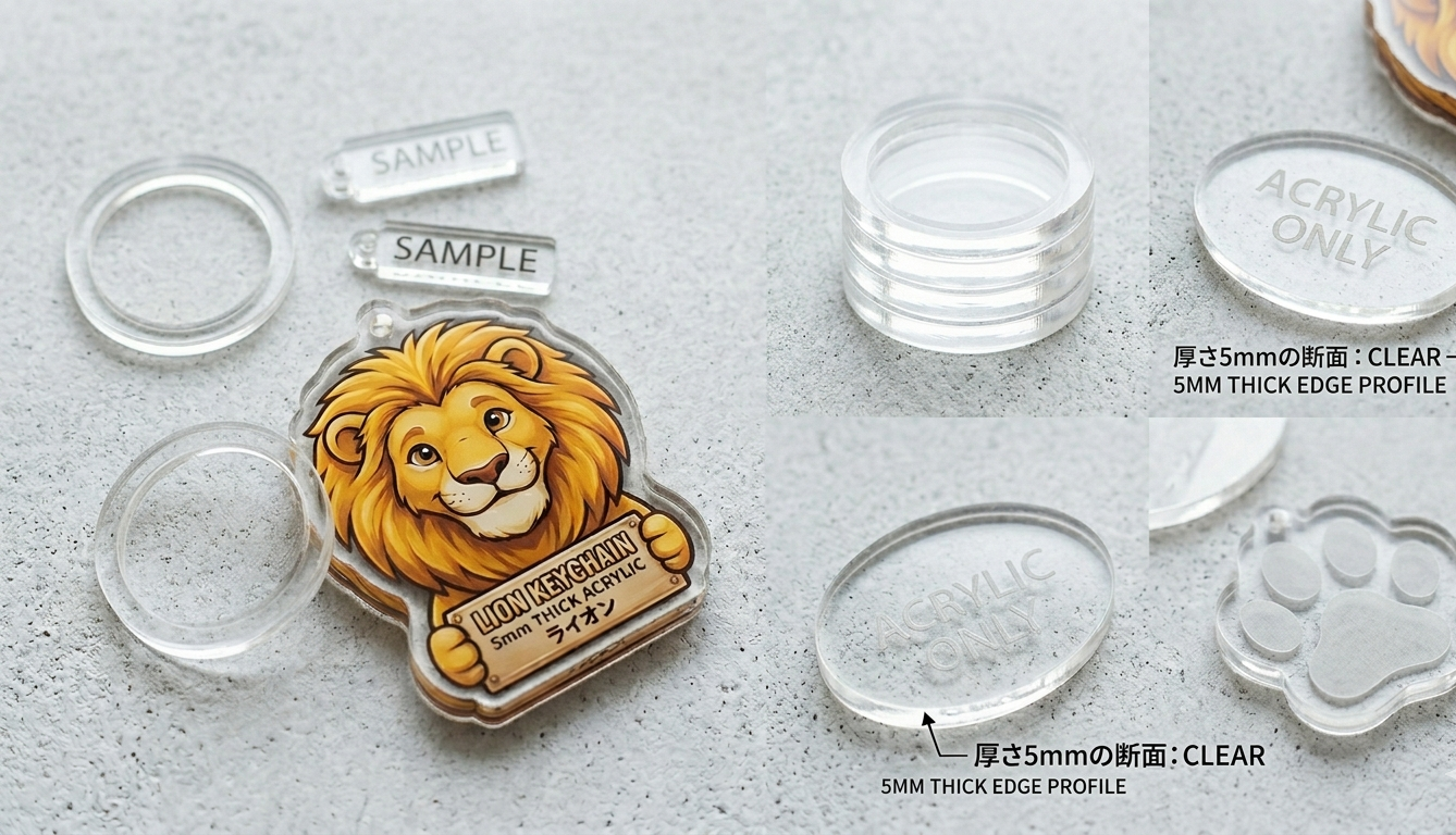 厚アクリルキーホルダーとシークレット缶バッジ＆ミラー
